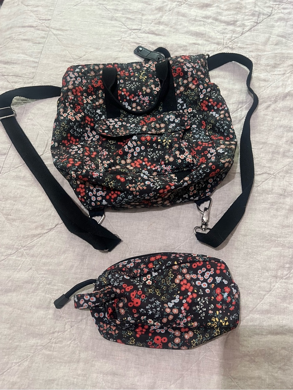 Floral Mini Backpack Purse & Matching Pouch Set Black Ditsy Flower Pockets